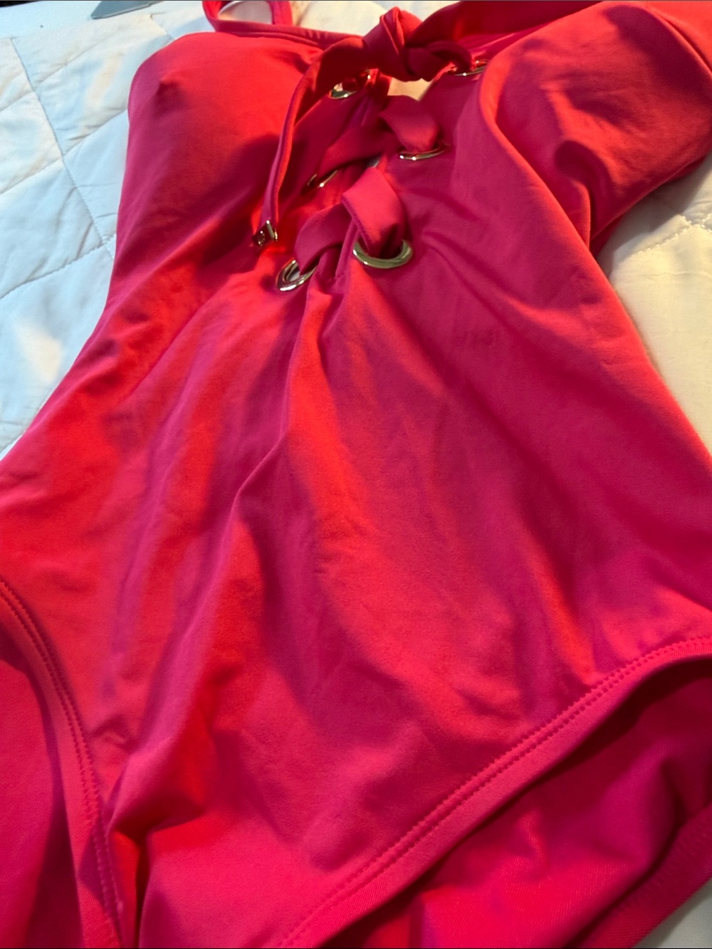 Michael Kors Bright Pink Lace-Up One-Piece Bodysuit